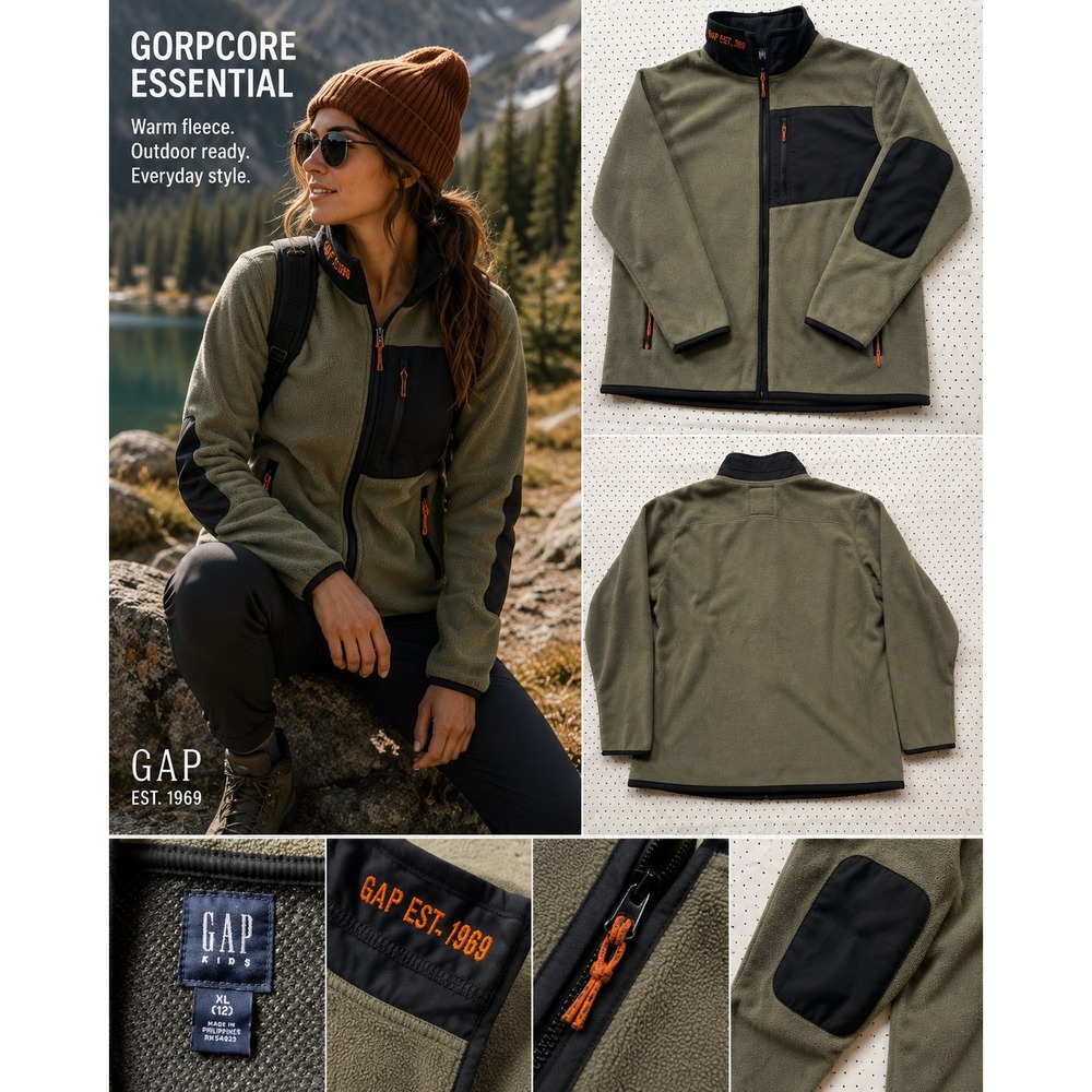 GAP Kids XL‎ 12 Fleece Jacket Women M Olive Black Full Zip Gorpcore Outdoor Y2K